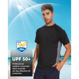 Arcweg Rash Guard Men Short Sleeves Shirt UPF 50+ Elastic Rash Vest Loose Fit Swimming Top Quick Drying Running Vest Sports Top Black Gray L(UK)