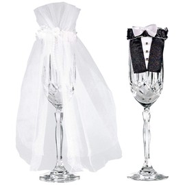 Elegant Bride and Groom Stemware White & Black Fabric - 9.5" x 6.5" (1 PC) - Unique Celebration & Keepsake Gift - Perfect Wedding Toast Glass Set