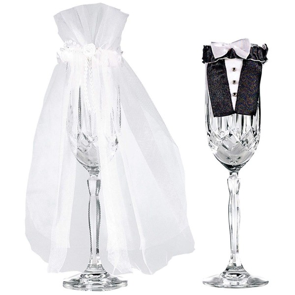 Elegant Bride and Groom Stemware White & Black Fabric -