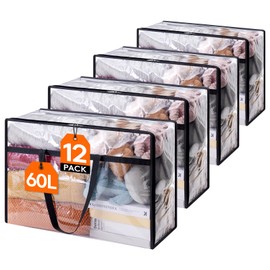 Lifewit 12 Pack Clear Clothes Storage Bags, 60L Plastic Blanket Storage Bag, Vinyl Foldable Moving Bags with Zipper, Closet Organizers and Storage Containers for Bedding, Duvet, Comforter