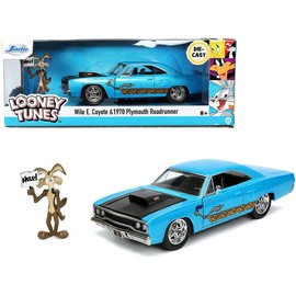 JADA Toys 1/24 Looney Tunes Plymouth Road Runner 1970 Blue Coyote Figure Included, Looney Tunes Wile E. Coyote Road Runner 32038