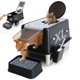 Stainless Steel Litter Box, XL Top Entry Cat Litter Box with Flip Lid, High Side Large Top Front Dual Exit Enclosed Cat Litter Pan Tray with Litter Scoop and Foot Pedal, Easy Cleaning, Anti-Leakage