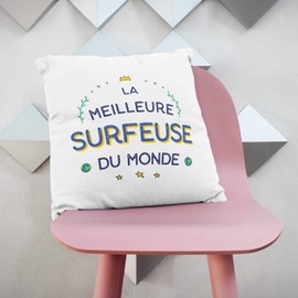 Mugffins Kissen mit Füllung mit Spruch für SURFERIN - Auf Französisch - Meilleur du Monde - 40 x 40 cm - originelles und lustiges Geschenk Mitarbeiter