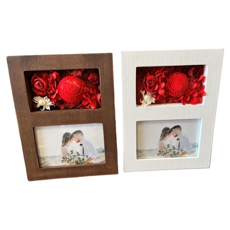 Q-FLA 813443 Arrangement Photo Frame, Preserved Flowers, White, Red, Mother's