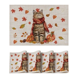 Artoid Mode Cat Pumpkins Maple Leaves Autumn PVC Place Mats Set of 4 Placemats Non-Slip Heat Resistant Place Mats Kitchen Decoration