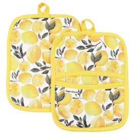 Heat Resistant Designer Pot Holders with Hand Pockets and Hanging Loops | Set of 2 100% Cotton Dual Function Kitchen Pot Holders | 7'' x 9'' | Yellow Lemons