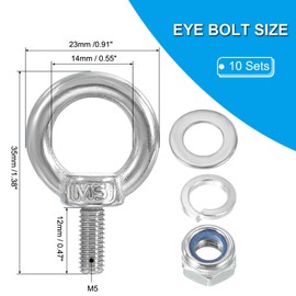 PATIKIL M5 x 12mm Eye Bolt with Nut, 10 Pack 304 Stainless Steel Lifting Shoulder Eyebolt Lift Thread Screws for Hanging, Silver