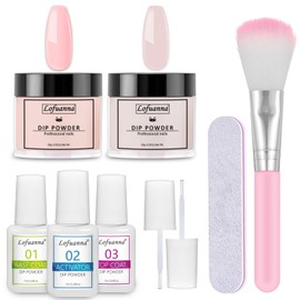 Lofuanna Dip Powder Nail Starter Kit-2 Colors Nail Dipping Powder with Base Top Coat Activator,No UV/LED Needed, 9Pcs Dip Powder Set DIY French Nail Art Manicure Set for Beginners (Pink Set)