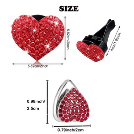 4 Pcs Bling Heart Air Vent Clips, Crystal Car Air Fresheners Vent Clips Rhinestone Car Diffuser Vent Clip Charm with Heart Shaped Car Adhesive Hooks Hanger and 12Pcs Unscented Refill Pads(Red)