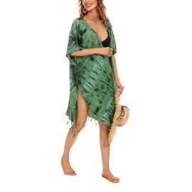 Beautybatik Green Women Hippie Gypsy Tie Dye Kimono Cardigan Shawl Wrap Swimsuit Cover Up Jacket One Size