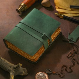 Fausta Vintage Leather Bound Journal for Writing, 240 Pages 8 x 6 inches, Deckle Edge Cotton Paper Notebook for Men and Women 150 GSM Handmade Antique Drawing/Sketchbook, Hunter Green