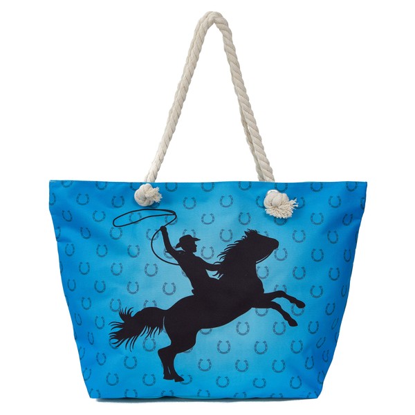 Leisureland Large Beach Tote Bag, Top Zipper Boat Bag (Cowboy/Horse,