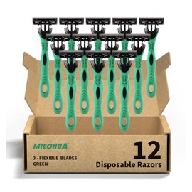 Maquinillas de afeitar desechables para hombre, de 3 hojas, con banda lubricante y cabezal pivotante | Maquinillas de afeitar desechables para hombre para piel sensible, 12 unidades, color ver