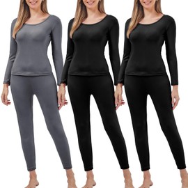 Patelai 3 Sets Thermal Underwear for Women with Fleece Lined Long Underwear Women Base Layer Women Cold Weather(Gray, Black, Black, Small)