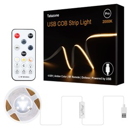 Tatazone 5V Yellow USB COB Led Strip Light with RF Remote, 4.92ft 2000K Dimmable USB Powered Amber COB Led Light Strip, Indoor COB Led Rope Light for Cabinet, TV, Kitchen, Monitor, Showcase