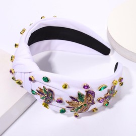 HZEYN Mardi Gras Headbands for Women Glitter Mask Headband Jeweled Crystal Embellished Knotted Headband Mardi Gras Outfit Accessories (Glitter Mask White)