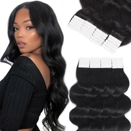 Tape in Hair Extensions Human Hair, Body Wave 100% Remy Human Hair 16 Inch 50g/pack 20pcs Tape Hair Extensions Natural Black Real Human Hair Extensions for Black Women Human Hair Tape in Extensions