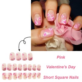 LPOODDNU Pink Heart Press on Nails Valentine’s Day Fake Nails Short Square Press on Nails with Pink Glitter Heart Designs, Glossy Pink Glue on Nails Cute Stick on Nails for Women Finger Manicure DIY