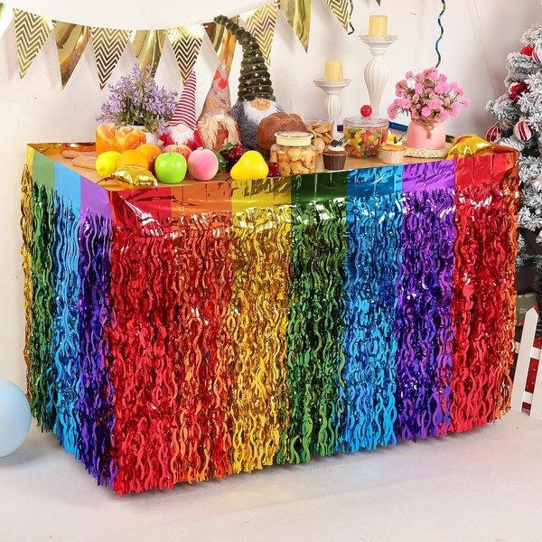 6 Pack Mexican Table Skirts - Wavy Tinsel Foil Fringe