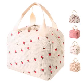 LHLZNB Insulated Lunch Bag for Women - Large Capacity Thermal Tote with Durable Work Lunch Box for Women & Girls, Leakproof Food Bag for Office, School, Picnic（ White Strawberry）