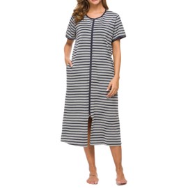Vslarh Women Short Sleeve Zip Front Nightgowns Full Length Cotton Robes Loose Housecoat Loungewear with Pockets (GR&BL,XX-Large)