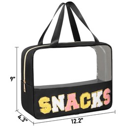 WELIDAY Chenille Letter Snacks Bag Zipper Pouch TPU&Nylon Clear Cosmetic Bag with Handle Toiletry Bags Travel Makeup Bag Multi-purpose Clear Pouches For Women (SNACKS, Black)