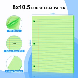 Green Loose Leaf Paper 100 Sheets 8" x 10.5" Filler Paper, College Ruled 3-Hole Punched, Notebook Paper for 3-Ring Binders Notepad Writing Note Pads To-Do Lists for Office & School Supplies