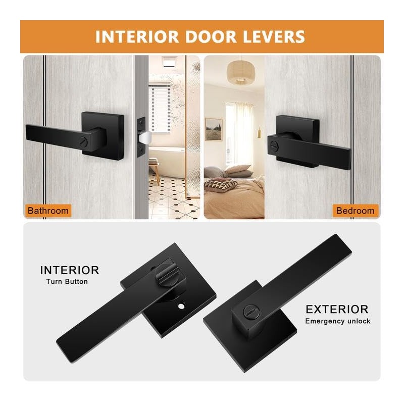 Probrico Heavy Duty Flat Black Square Privacy Interior Door Levers