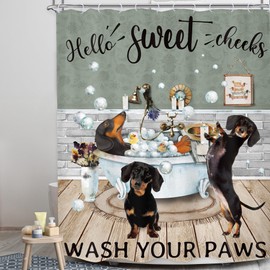 LGhtyro Funny Dogs Dachshund Shower Curtain Bathroom Set 60Wx71H Inches Vintage Animal Puppy Pets Kids Boys Bath Soap Cute Hilarious Modern Bath Accessories Bubbles Art Home Decor Fabric 12 Pack Hooks