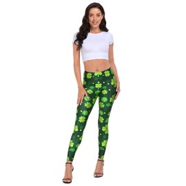 HDE Trendy Design Workout Leggings - Fun Fashion Graphic Printed Cute Patterns Green 4 Leaf Clovers - XXL