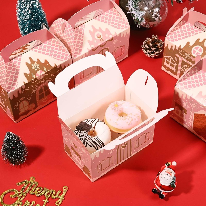 24Pcs Pink Christmas Paper Gift Boxes Gingerbread House Candy Boxes