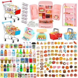 165Pcs Mini Shopping Cart Basket Miniature Food Drink Toy Supermarket Metal Handcart Shelves Cash Register Fridge Food Scale Trolley Dollhouse Store Grocery Accessories Kitchen Play Game Party Model