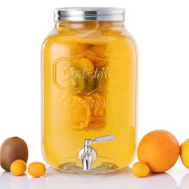 Navaris Drink Dispenser with Tap - 2.1gal (8L) - Glass Drinks Dispenser w/Fruit Infuser & Ice Insert - Large Water or Cocktail Jar - For Party, Office, or Home