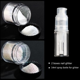 Fcozpjk Unicorn Nail Glitter Powder with Glitter Spray Bottle, Extra Fine White Nail Glitter Pigment, Empty 14ml Powder Duster Sprayer Bottle, Tools for Ombre Nail Design, Spray Glitter for Crafts