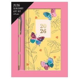 2026 Slim Diary Gift Set with Pen - Yellow Butterfly Hardback Week to View Planner - Slim Wallet Organiser Women Girls Back to School