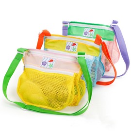 Noamus 3 Pack Beach Toy Mesh Bag, Multi-Color Sand Toys Storage Tote Bags, Sea Shell Collecting Bag with Adjustable Carrying Straps and Zipper for Swimming Gifts (3 Styles)