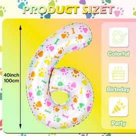 40 Inch Multi-color Dog Paw Balloons, Numeral 6 Birthday Balloons for Girls Boys Dog Paw Print Themed Birthday Party Decorations (Number 6)