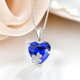 Fahonie Heart Necklace 925 Sterling Silver cut Heart September Birthstone Sapphire Clover Pendant Birthday Gifts Valentine's Day Christmas Gifts