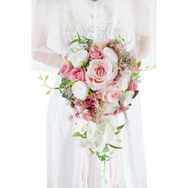 Yelinart 10 Inch Dusty Rose Wedding Bouquets for Bride Artificial Roses Flower Cascading Cascade Bridal Bouquet for Rustic Boho Fall Vintage Wedding Ceremony Party and Anniversary