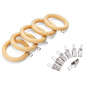 Wood Curtain Rings with Clips 2.25 Inch, Set of 12, Beige Varnished Finish