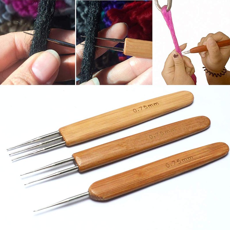 BLUPLE 3Pcs/Set(1Hook,2Hook,3Hook) Bamboo Dreadlock Crochet Hook Dreadlocks Crochet Needle with