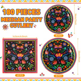 Potchen 180 Pcs Mexican Party Decorations Serve 60 Guest 7'' and 9'' Disposable Paper Plates and Napkins Mexican Party Supplies Tableware Set Flower Dish for Holiday Birthday Party