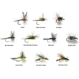 Feeder Creek Dry Fly Fishing Lures Assortment, 60 Flies for Trout, Bass, Salmon & Other Freshwater Fish, 10 Patterns (2 of Each), Size 14,16,18