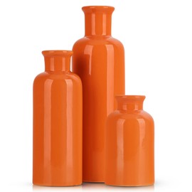 Ceramic Vase Set - 3 Orange Small Vases, Farmhouse Country Flower Vase Home Decor, Living Room Decoration, Table Decoration, Fireplace Decor, and Entrance Decorations Centerpieces