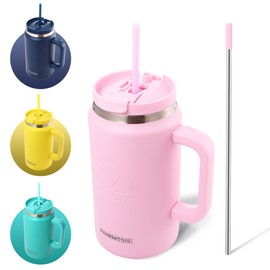 FAHRMOSIS 50 Oz Tumbler with Handle and Straw | Stainless Steel Vacuum Insulated Tumbler for Hot & Cold Drinks | Double Insulated Tumbler Reusable Water Bottle with Straw - Pink