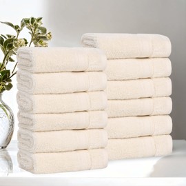 Superior Belmont Zero Twist Cotton Medium Weight Small Towels, for Kitchen, Bathroom, Shower, Spa, Plush, Quick Dry, Ultra-Soft Essentials, Thick Border, Face Towels Washcloths, Set of 12, Ivory