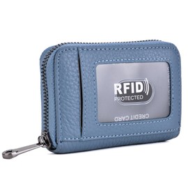 EASTNIGHTS Genuine Leather Credit Card Wallet Accordion Zipper Rfid Credit Card Holder Small Coin Purse with ID Window, blue, Minimalist Card Wallet With Id Window