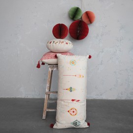 Creative Co-Op 36' L x 16' H Cotton Slub Printed Lumbar Pillow w/Ornaments, Embroidery & Pom Poms, Multi Color