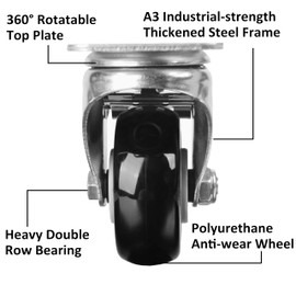 Finnhomy 3 Inch Caster Wheels Set of 4 with Brake Heavy Duty Plate Swivel Casters Premium Polyurethane Wheels Bearing 2,200 Lbs Lockable Anti-wear Smooth Casters for Workbench Black (Free Screws)