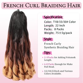 French Curl Braiding Hair 8 Packs 22 Inch Loose Wavy Bouncy Braiding Hair Pre Stretched 75g/Pack Synthetic French Curly Braiding Crochet Hair for Black Women 1B/33/30#
